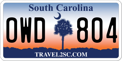 SC license plate OWD804