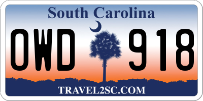 SC license plate OWD918