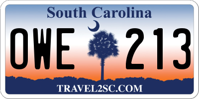SC license plate OWE213