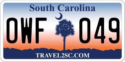 SC license plate OWF049