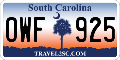 SC license plate OWF925
