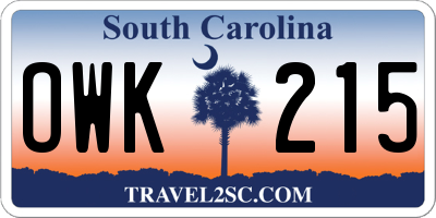 SC license plate OWK215