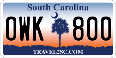 SC license plate OWK800