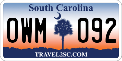 SC license plate OWM092