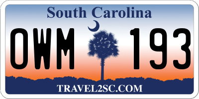 SC license plate OWM193