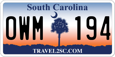 SC license plate OWM194