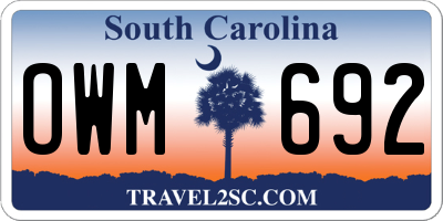 SC license plate OWM692