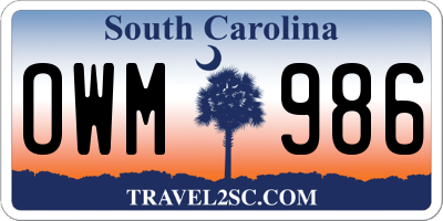 SC license plate OWM986