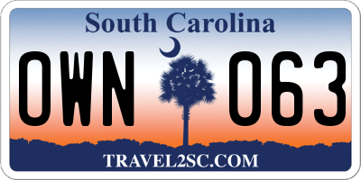 SC license plate OWN063