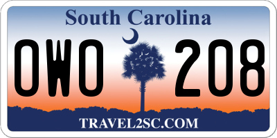 SC license plate OWO208