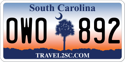 SC license plate OWO892