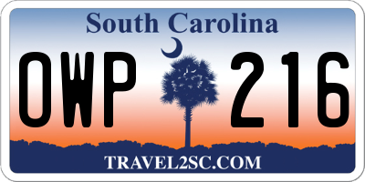 SC license plate OWP216