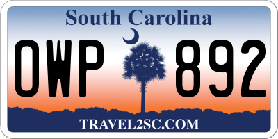 SC license plate OWP892