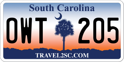 SC license plate OWT205
