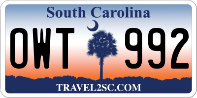 SC license plate OWT992