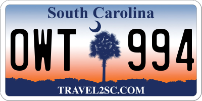SC license plate OWT994