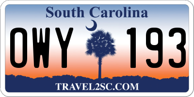 SC license plate OWY193