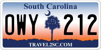 SC license plate OWY212