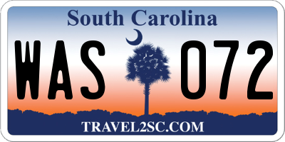 SC license plate WAS072