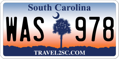 SC license plate WAS978