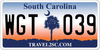 SC license plate WGT039