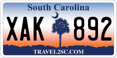 SC license plate XAK892