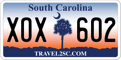 SC license plate XOX602