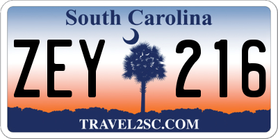 SC license plate ZEY216