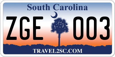 SC license plate ZGE003