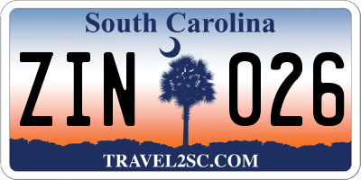 SC license plate ZIN026