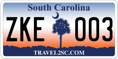 SC license plate ZKE003