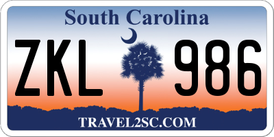 SC license plate ZKL986