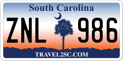 SC license plate ZNL986