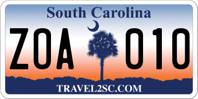 SC license plate ZOA010