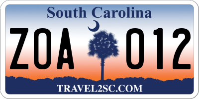 SC license plate ZOA012