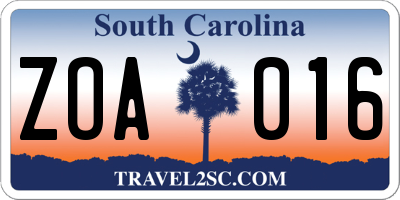 SC license plate ZOA016