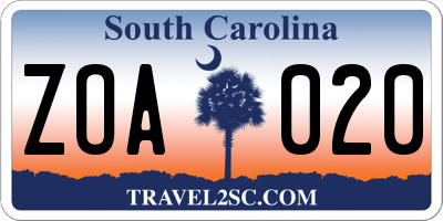 SC license plate ZOA020