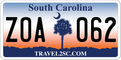 SC license plate ZOA062