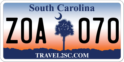 SC license plate ZOA070
