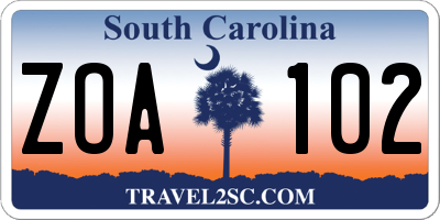 SC license plate ZOA102