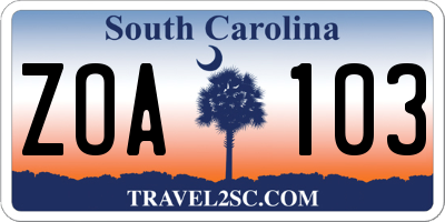 SC license plate ZOA103