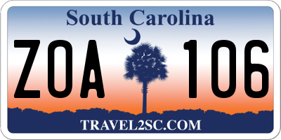 SC license plate ZOA106