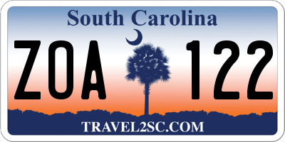 SC license plate ZOA122