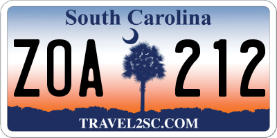 SC license plate ZOA212