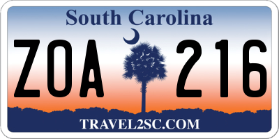 SC license plate ZOA216
