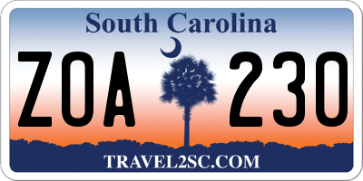 SC license plate ZOA230