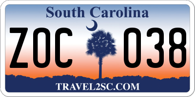 SC license plate ZOC038