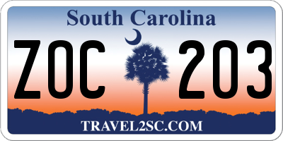 SC license plate ZOC203