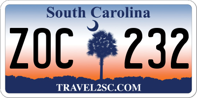 SC license plate ZOC232