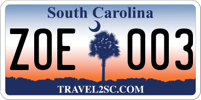 SC license plate ZOE003